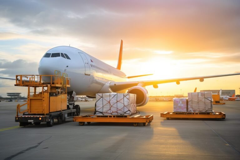Cargo aircraft being loaded with freight containers