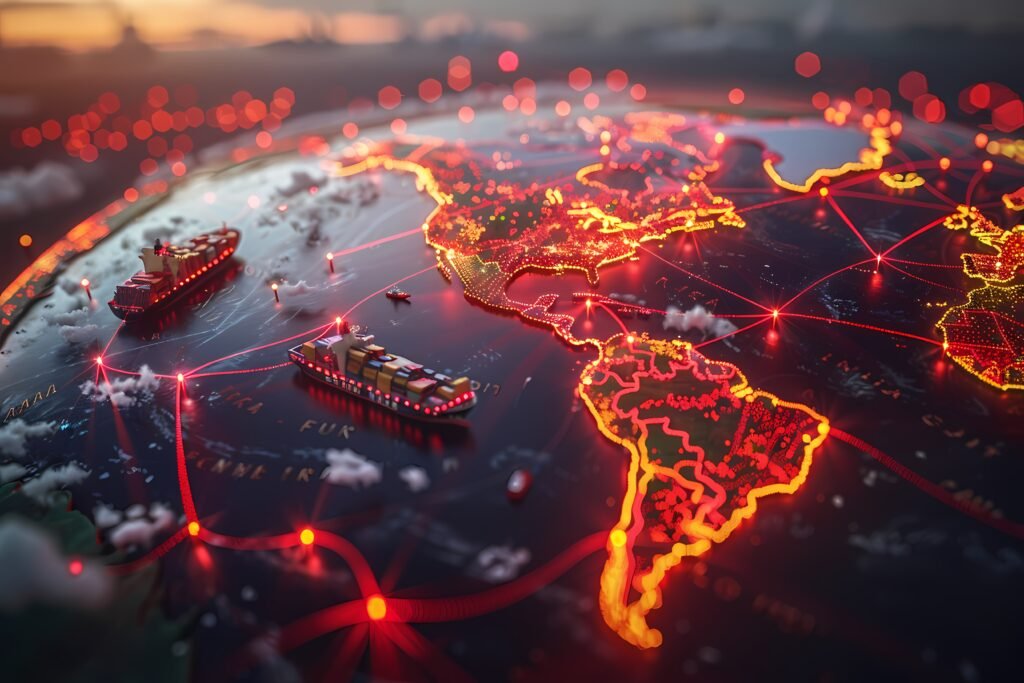 Global logistics network connecting ships, aircraft and trucks
